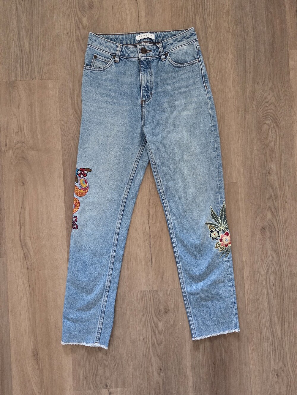 Sandro Paris Embroidered Distressed Straight Leg Jeans 36 (4) Festival Boho Fun